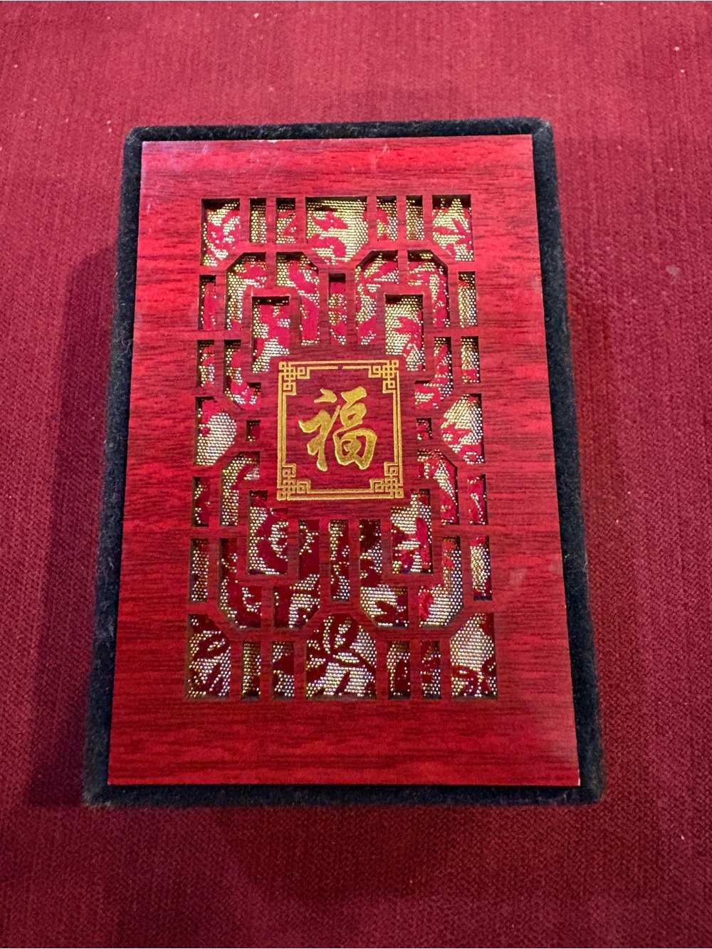 Pre Owned Vintage Chinese Wooden Jewelry Box-Black Velvet, Hollow Carved & Gold
